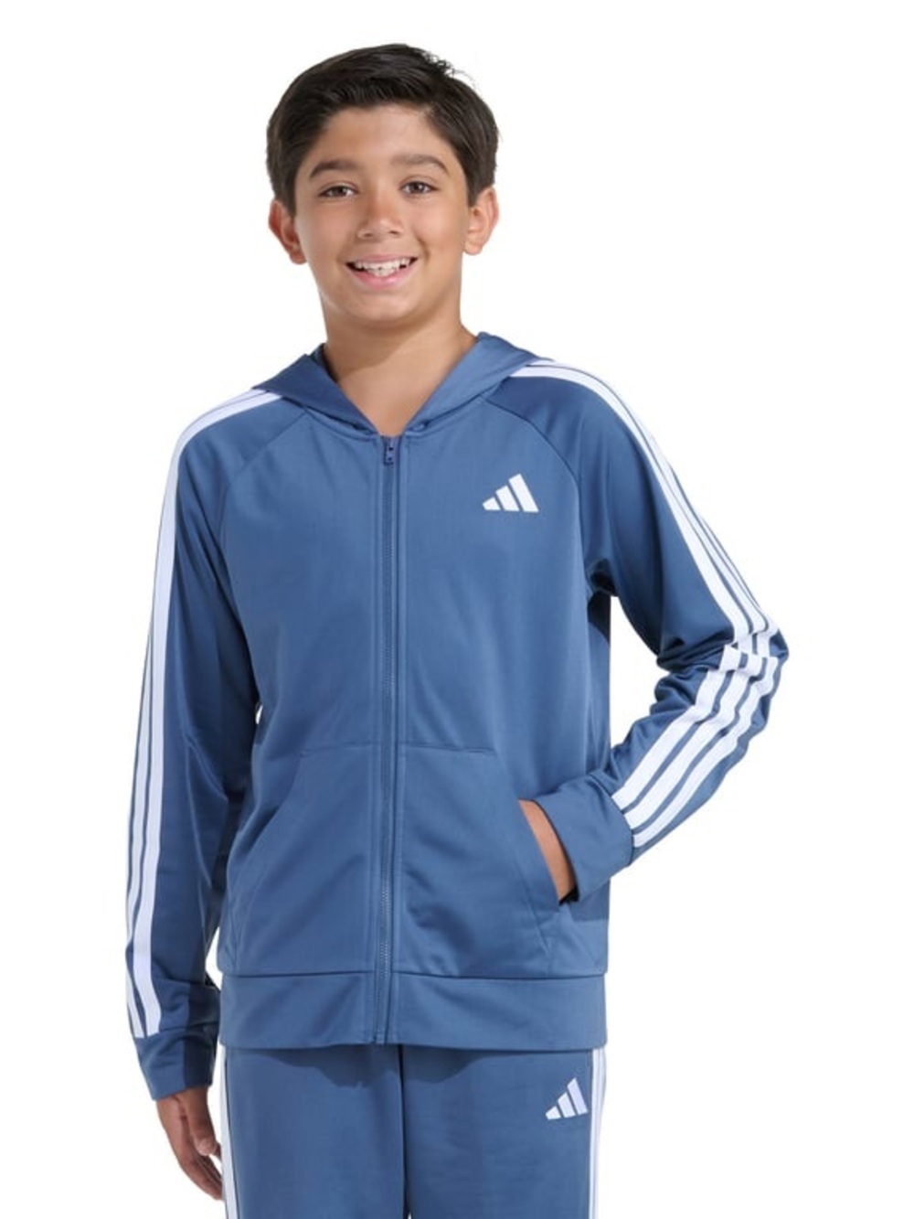 adidas Blue Zip-Up Hooded Track Jacket with White Stripes - Picture 4 of 6